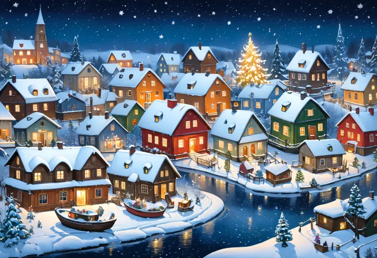 painting of a christmas village with a boat and a snowflake, winter night, christmas night, snowy winter christmas night, nightime village background, snowy night, winter painting, stary night painting, small scandinavian!!! houses, painting of, snowfall a...