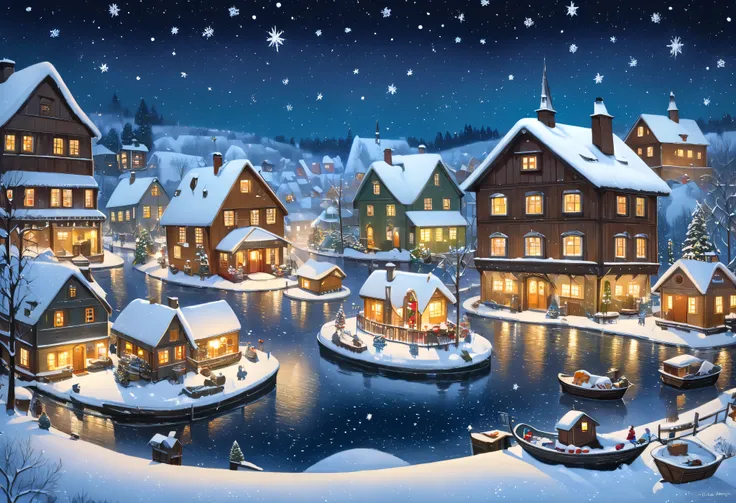 painting of a christmas village with a boat and a snowflake, winter night, christmas night, snowy winter christmas night, nightime village background, snowy night, winter painting, stary night painting, small scandinavian!!! houses, painting of, snowfall a...