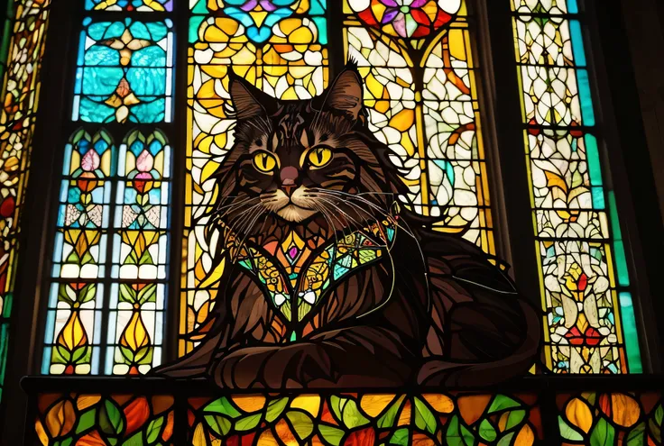 a close up of a cat sitting in a  Stained Glass  window, Vector art by Galen Dara ,  shutterstock,  Furry Art , maxim verehin  Stained Glass ,  Stained Glass  art,   anthropomorphic large Maine Coon , masterpiece  Stained Glass ,  Stained Glass  style, gol...