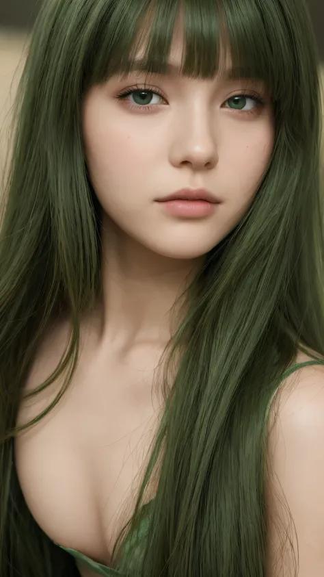 a girl. detailed face. half-closed eyes. detailed expression. green eyes. long straight hair. thick hair. bangs. green hair