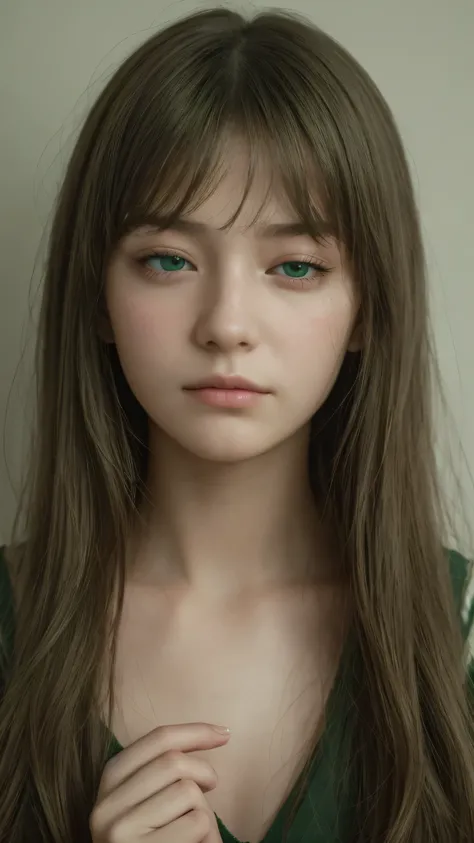 a  girl. detailed face. half-closed eyes. green eyes. Depressed