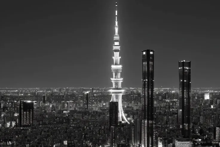 In a black and white picture of the city 、 there is a tall tower。, Digital rendering by Naondo Nakamura , Pexels,  what is it ？, japan Tokyo skytree, Tokyo, Such, Tokyo japan, Such futuristic in background, Tokyo city, who was born in Tokyo in 1964, Tokyo ...