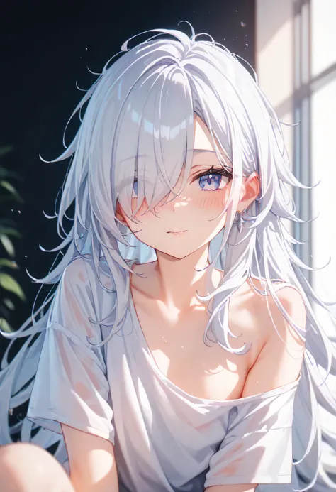 NSFW, ((Girl with protruding ribs:1.4)、(flat chest:1.3),(skinny body:1.3)、Blushing、To blush、Thick eyes、((痩せている:1.3))、white hair, long hair, hair over one eye、messy hair 、steam、aroused