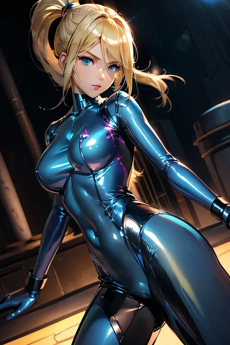  perfect anatomy　 top quality , highest resolution,(((metallic shiny latex blue bodysuit　 blue eyes　Shiny Blonde　 ponytail)))　Samus　whole body