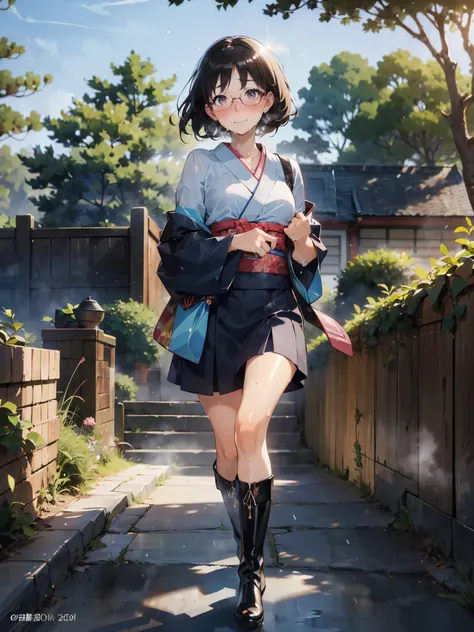 anime - style illustration of a woman in a sexual kimono:1.5, long boots, anime character, official character art, feminine, full body, female anime girl, Posing:1.5, parted bangs, glasses, (tanned:1.0), hopping step:1.5, looking at viewer, smile:1.5, in p...