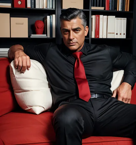  40 year old handsome, One Man,、  muscular、 Cary Grant。  black shirt , red tie、  black slim pants 、Short Hair、office、 sits on the sofa、  black shirt、 red tie、  black slim pants 、  upper body lift with an emphasis on facial expression　Cary Grant　front　 stub...