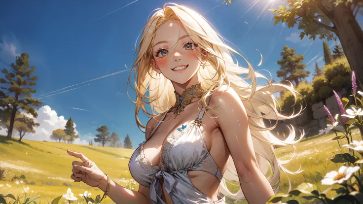 The wallpaper is a meadow in the sun. A girl with blonde hair is dancing. She is wearing revealing sexy clothes. The girl is smiling on white skin. Her gaze is looking straight ahead. It is expressed based on her face.