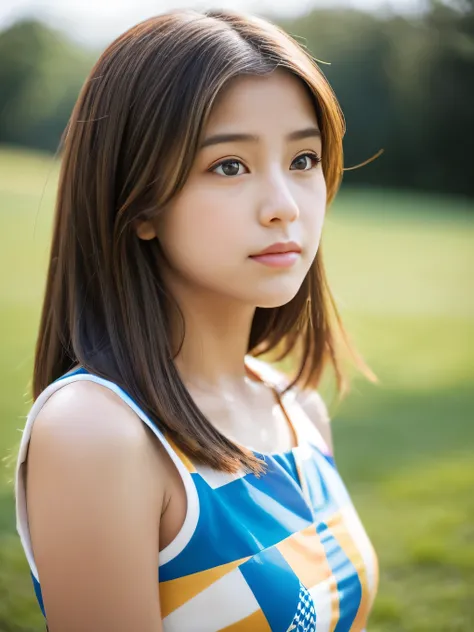 Create a realistic portrait of a 14year old very pretty faced Japanese female idol standing outdoors with a calm and thoughtful expression. This woman is 140 cm tall and of a thin build. She has light brown straight short hair that extends above her should...