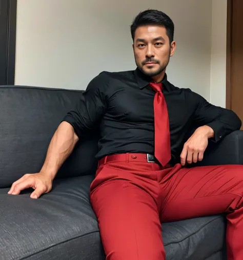 40 year old handsome , One Man,、  muscular、 Kosaka Ikuo 。  black shirt  , red tie、  black slim pants 、Short Hair、office、 sits on the sofa、  black shirt 、 red tie、  black slim pants 、  upper body lift with an emphasis on facial expression　Kosaka Ikuo 　front...