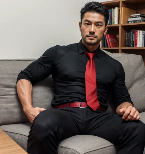 40 year old handsome , One Man,、  muscular、 Kosaka Ikuo 。  black shirt  , red tie、  black slim pants 、Short Hair、office、 sits on the sofa、  black shirt 、 red tie、  black slim pants 、  upper body lift with an emphasis on facial expression　Kosaka Ikuo 　front...