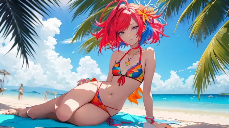 A beautiful anime-style girl, sitting on a vibrant tropical beach, against a backdrop of bright blue skies, crystal clear waves and palm trees in the background. The girl wears a stylish and sophisticated bikini, with small, delicate details, like subtle e...