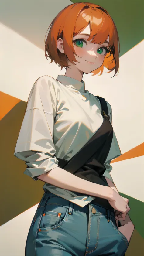  orange hair 、 Shorthair、 green eyes、Illustration of a beautiful girl with a slight smile 、 in a white shirt and jeans