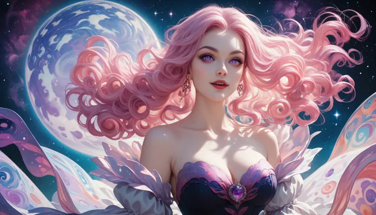 A vampire with pale skin that glows faintly, violet eyes, and curly pink hair. She wears a flowing gown with patterns resembling nebulae, She twirls amidst floating asteroids in a vividly colorful nebula,