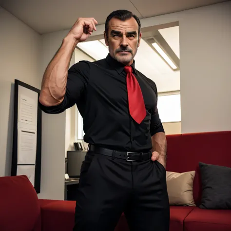 Age 30, One Man,、  muscular、 Sean Connery。  black shirt  , red tie、  black slim pants 、  black hair、Short Hair　、office、sofa、　 without standing、  black shirt 、 red tie、  black slim pants 、  upper body lift with an emphasis on facial expression　Age 30のSean C...