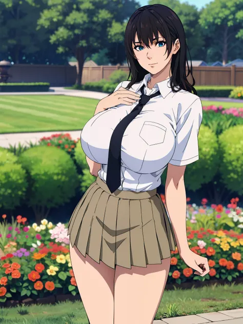 very tempting pose, front tie shirt, pleated skirt, garden background, nanami, anime cels style, best quality, high resolution, 1girl, (huge breasts:1.2), beautiful face, black hair, long hair, blue eye, cowboy shot