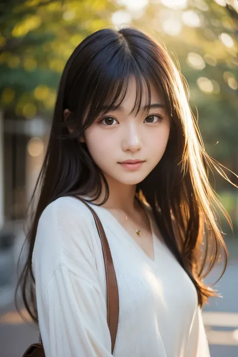 A cute 20-year-old Japanese woman with long hair, posing like a model, realistic photo-like quality, soft and delicate facial features, wearing stylish clothing, intricate play of light and shadow on her face, warm and natural lighting, detailed background...