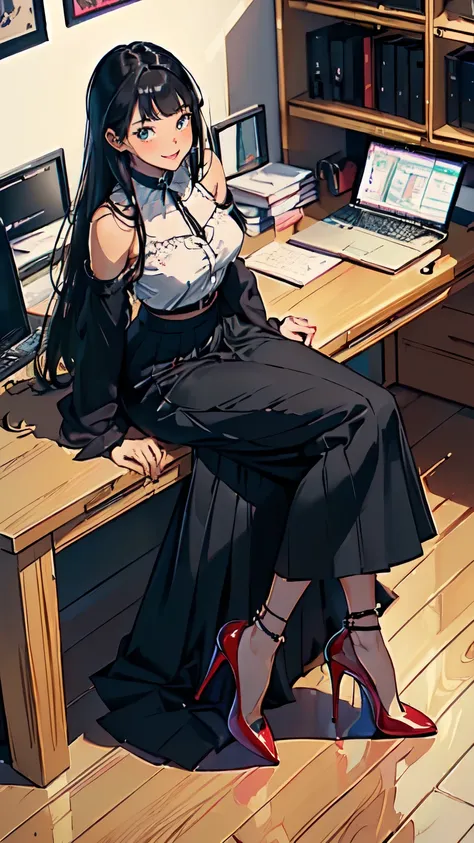 ((masterpiece, high resolution, better quality, better details)), ((Smiling)), ((one girl)) a girl sitting in the office, full body, maxi skirt, long skirt, ((long skirt without openings)),((louboutin high heels)), green eyes , ((black hair, long hair)), s...