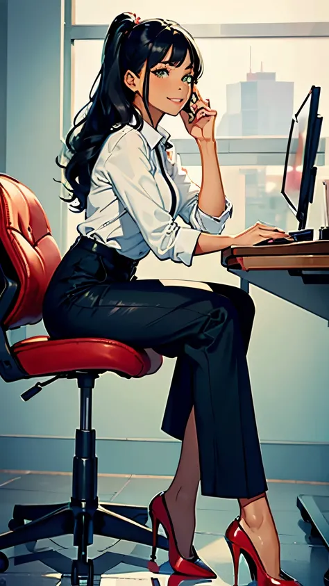 ((masterpiece, high resolution, better quality, better details)), ((Smiling)), ((one girl)) a girl speaking on the phone at a desk, full body, wearing a button-up blouse and wide-leg trousers, ((Louboutin high heels)), visible high heels, green eyes, ((bla...