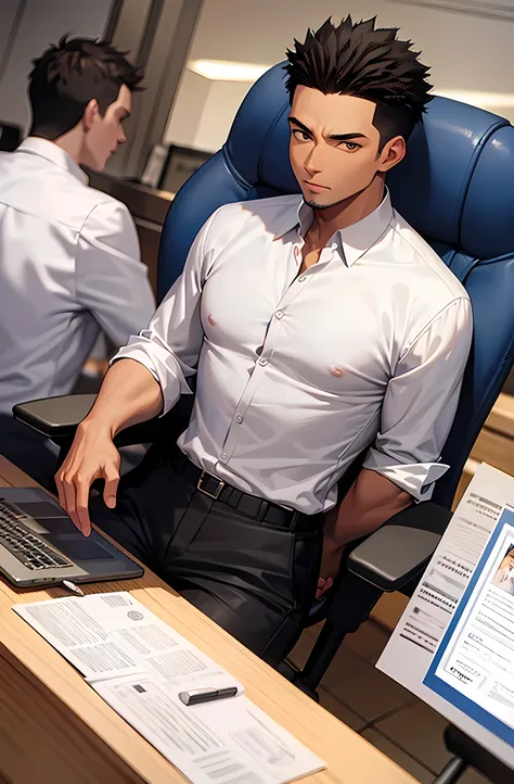 African american male, office worker, spiky hair, middle aged