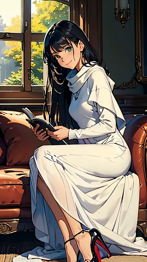    ((masterpiece, high resolution, better quality, better details)), ((Smiling)), ((one girl)) a girl reading a book in a sunlit living room, full body, wearing a long knit dress, ((long dress without openings)), with a cozy shawl, ((Louboutin high heels))...