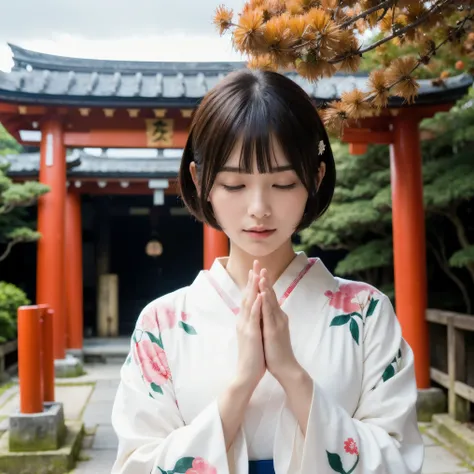 (Wore a kimono with a beautiful pattern on a white background、 close-up portrait of a woman with short hair with blunt bangs pointing at a Japanese shrine :1.5)、(A woman prays with her eyes closed and palms together in front of her face at a Japanese shrin...