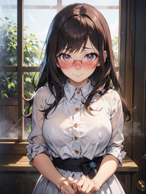 anime - style illustration of a obscene woman, anime character, official character art, glasses, looking at viewer, (blush:1.5), (Embarrassed expression:1.5), 