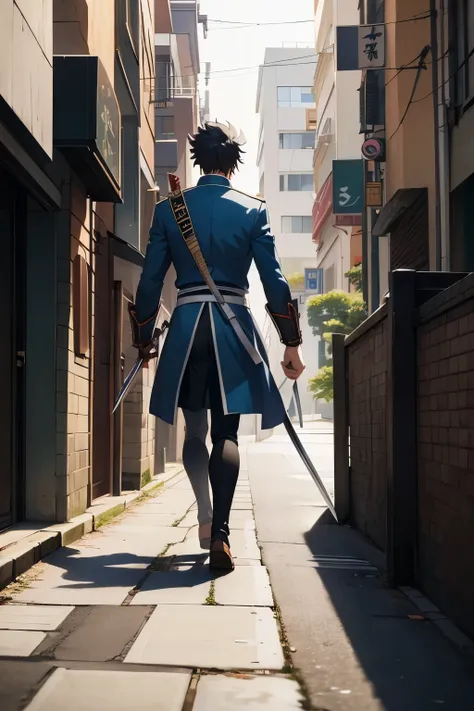 a person walking down a street with a sword on the sidewalk, a character portrait, rayonism, full character body, fujita goro, full body devil man, hijikata toushirou