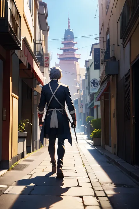 a person walking down a street with a sword on the sidewalk, a character portrait, rayonism, full character body, fujita goro, full body devil man, hijikata toushirou