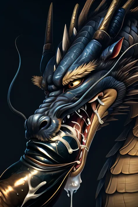 NSFW.black eastern dragon.face close-up.blowjob.ferratio.bukkake.cum on face. cum in mouth.humans dark-brown penis.humans waist,eastern dragon.More semen.old Japanese art.