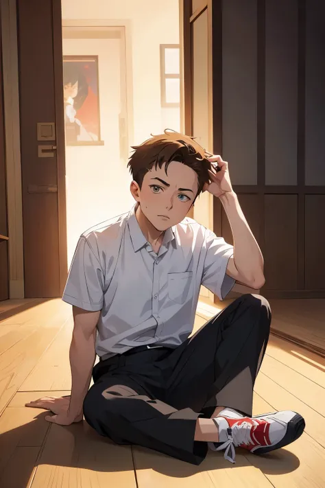 the anime character is sitting on the floor with his hand in the shoe, a character portrait, remodernism, safebooru anime image, anime elon musk, in an anime, male anime character, in ryuuou no oshigoto art style