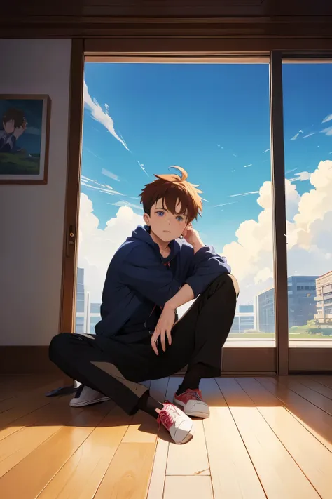 the anime character is sitting on the floor with his hand in the shoe, a character portrait, remodernism, safebooru anime image, anime elon musk, in an anime, male anime character, in ryuuou no oshigoto art style