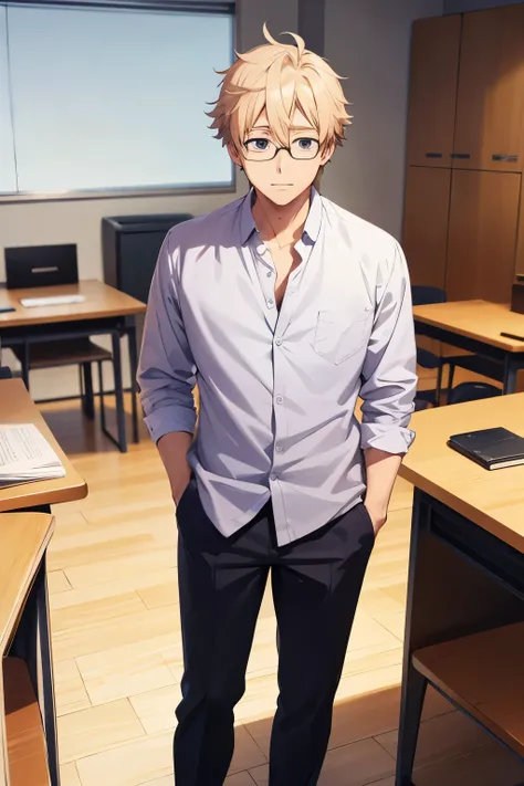 there is a man with glasses standing in front of a desk, a character portrait, akihito tsukushi, best anime character design, in an anime