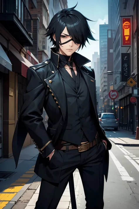 a guy standing in the middle of a street in the daytime, a character portrait, vanitas, black eyepatch, he wears an eyepatch, eye patch over one eye