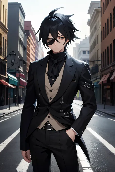 a guy standing in the middle of a street in the daytime, a character portrait, vanitas, black eyepatch, he wears an eyepatch, eye patch over one eye