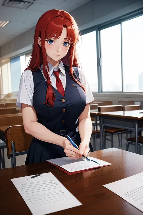 woman with red hair in a school uniform writes on a piece of paper, remodernism, visual novel cg, realistic anime style at pixiv, anime elon musk, realistic schoolgirl