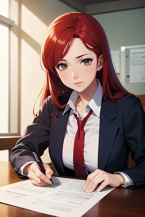 woman with red hair in a school uniform writes on a piece of paper, remodernism, visual novel cg, realistic anime style at pixiv, anime elon musk, realistic schoolgirl