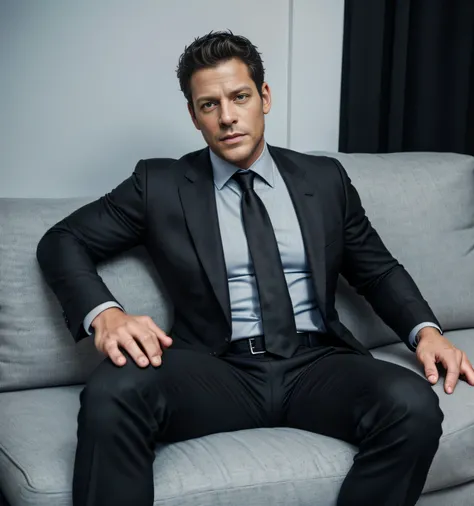  40 year old handsome, One Man,、  muscular、Ioan Gruffudd。  black suit ,black tie、  black slim pants 、、Short Hair　、office、 sits on the sofa、  black suit、black tie、  black slim pants 、  upper body lift with an emphasis on facial expression　Ioan Gruffudd　fron...