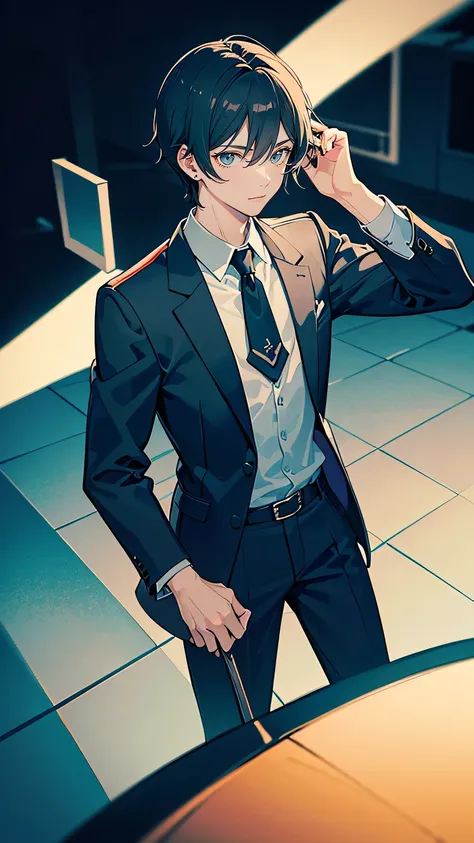 “A mysterious high school boy with pale skin, short, tousled black hair, and a distant, unreadable expression. He wears a slightly worn school uniform, his shirt untucked, with a casual yet guarded posture. His dark eyes are deep and intense, often looking...