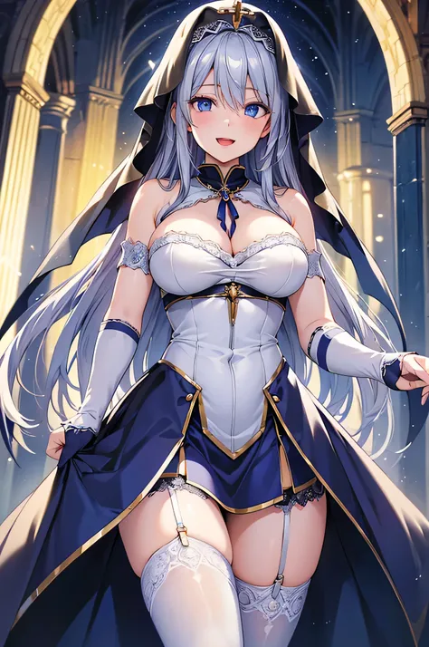 8k resolution,(( top quality )), super high res,Adult female, Alone,  sexy, ( kind smile), ( blue eyes),  beautiful symmetrical face , (long silvery curled hair),Priests ceremonial dress,Skirt with slit, realistic :1.4, realistic :1.4,(  Masterpiece :1.2),...