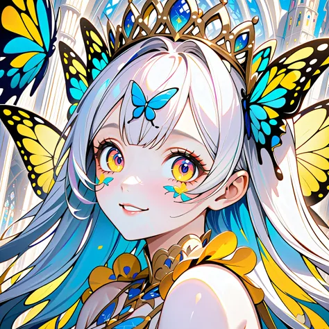 solo girl, embarrassed but happy, (porcelain skin, pure white skin, shiny skin, butterfly face paint, big eyes, fluorescent shiny hair), crown made of butterflies, cathedral, (masterpiece, ultra detailed, top quality), Icon Image, anime, cel shading, face ...