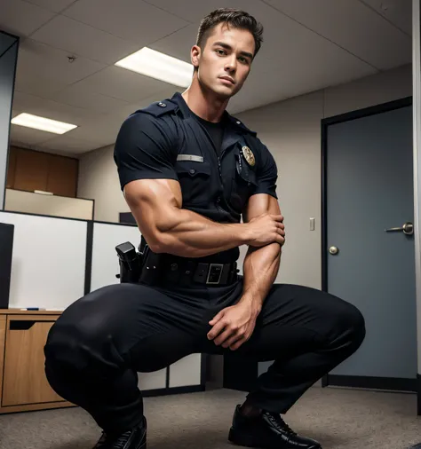 25 year old handsome, One Man,、  muscular、 若いWilliam Russ。 Policemans Clothes 、  black slim pants 、office、 cool battle pose 、  squats。Policemans Clothes 、  black slim pants 、  upper body lift with an emphasis on facial expression　若いWilliam Russ　front　