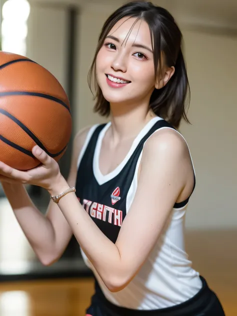 A young female basketball player performing a vivid jump shot. She holds the ball firmly in both hands, aiming for the goal with perfect form. Her slim basketball uniform accentuates her toned body, and black high socks add a stylish contrast. Her carefull...
