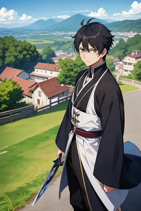 anime - style character from sword of savior on the side walk with houses and hills in background, a character portrait, sots art, official character art, handsome guy in demon slayer art, ufotable studio art style, hijikata toushirou of gintama