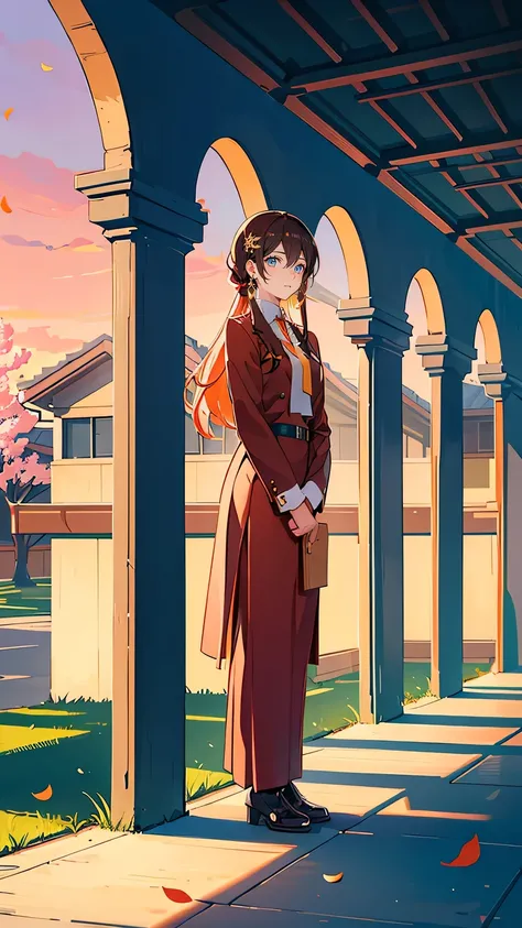 “A quiet high school courtyard at sunset. The golden hour bathes the area in warm hues, with long shadows stretching across the neatly trimmed grass and pathways. A single sakura tree stands in the middle of the courtyard, its leaves rustling gently in the...