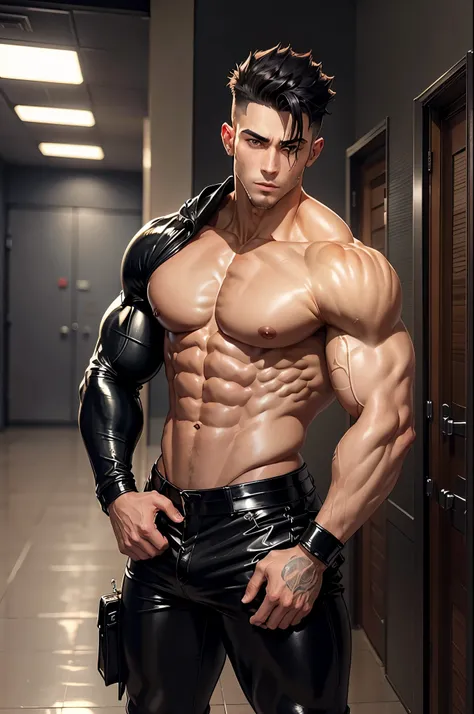 an Anime Sexy Man,standing in a hallway,big biceps and muscular body,dark hair, Black leather shiny crop top long sleeve,unobstructed abs,unobstructed chest,revealing abs,visible abdominal muscles,Tattoos, hearts, leather tight pants