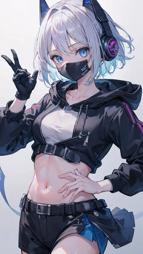a girl, short grey hair, dark blue eyes, cold expression, piercing gaze, jacket, beautiful face, beautiful eyes, gradient hair, fade hair cut, messy hair, headphones, hood down, mouth mask, metallic mask, headphones, scar across eye, aqua eyes, gradient ey...
