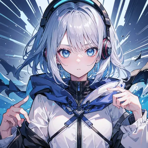 a girl, short grey hair, dark blue eyes, cold expression, piercing gaze, jacket, beautiful face, beautiful eyes, gradient hair, fade hair cut, messy hair, headphones, hood down, mouth mask, metallic mask, headphones, scar across eye, aqua eyes, gradient ey...