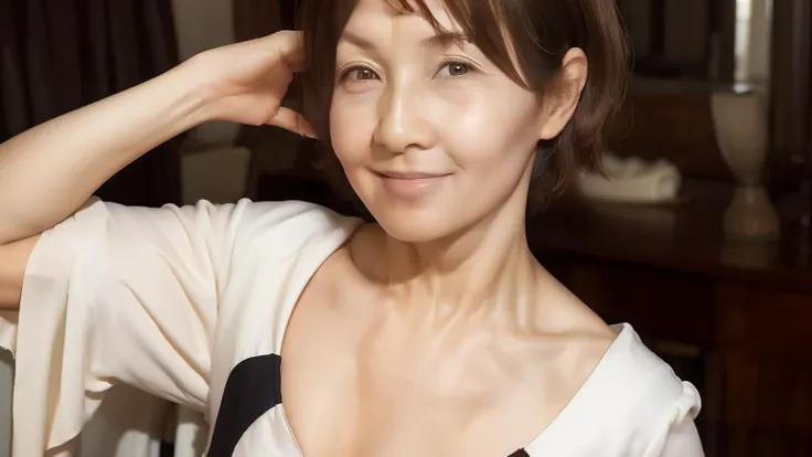 (( top quality )), ((8k)), ((masterpiece: 1.3)), ( perfect appearance ), ( Photorealism : 1.6), (JMA), (K), (bedroom: 1.2), (Sitting in front of a dresser ), (後ろ髪を掻き上げうなじを見せる Japanese mature), ( he is combing his hair on the back of his head with a hand ...