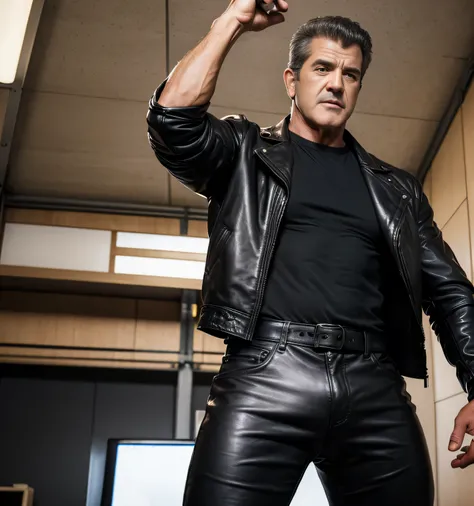 27 year old handsome, One Man,、  muscular、 若いMel Gibson。 Leather jacket、 black shirt 、 black leather slim pants 、 black hair、Short Hair　、office、 cool battle pose 、 Leather jacket、 black shirt、 black leather slim pants 、  upper body lift with an emphasis on...