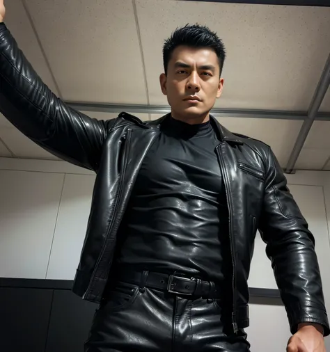 27 year old handsome, One Man,、  muscular、 Kosaka Ikuo。 Leather jacket、 black shirt 、 black leather slim pants 、 black hair、Short Hair　、office、 cool battle pose 、 Leather jacket、 black shirt、 black leather slim pants 、  upper body lift with an emphasis on ...